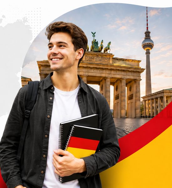 Étudiant souriant devant la porte de Brandebourg à Berlin